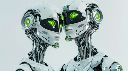 A male and female robot looks into the camera, happy faces, a white background, green eyes, and silver body parts