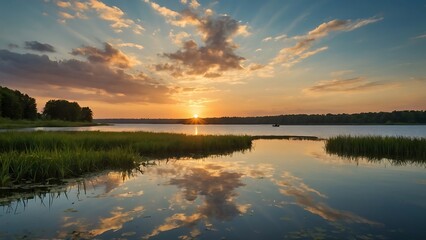 Fototapeta na wymiar sunset over the river Golden Reflections Tranquil Lakeside Sunset