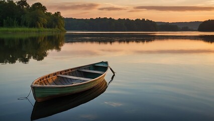 canoe on lake Golden Reflections Tranquil Lakeside Sunset
