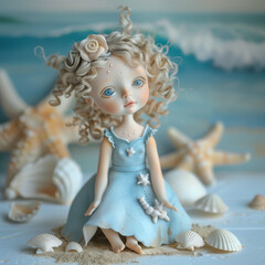 Adorable Doll in Blue Dress with Seashells Sea of Dreams