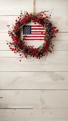 Rustic American Flag Wreath on White Wooden Background: A Festive and Patriotic Display of Red Berries, Pine Cones, and a Small American Flag in middle