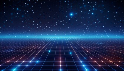 A digital-inspired background featuring a neon grid on a dark, starry night sky, perfect