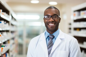 Obraz premium A Smiling Pharmacist in a White Coat Standing Confidently in Front of a Local Pharmacy with Shelves of Medicine in the Background