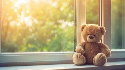 Bear sits by sunny window with trees outside
