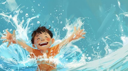 Happy boy playing with water. water. Illustrations