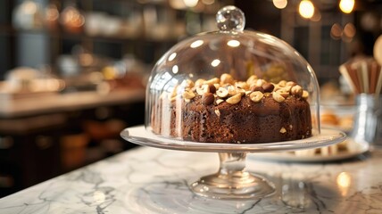 Chocolate cake with nuts under glass dome on marble countertop