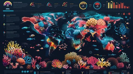 Colorful infographic map representing diverse coral ecosystems with data visualizations