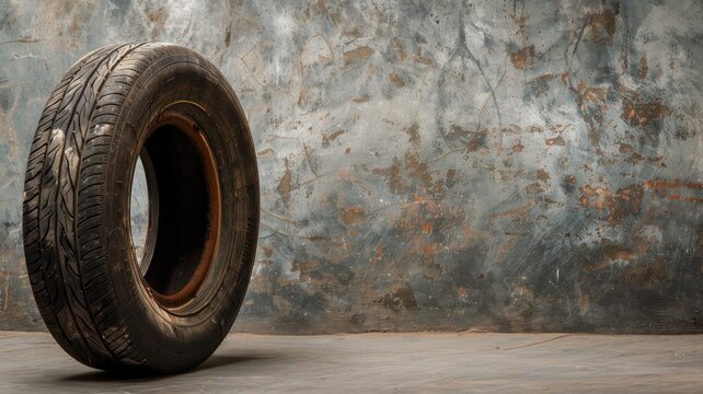 Used car tire standing against textured wall on dirty concrete floor