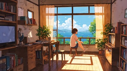 A bright girl sitting in her cozy room with beautiful window view.