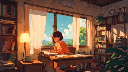 A smart girl studying and doing homework in her cozy room with beautiful window view.