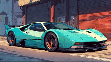 A cyan sports car drifting on the city street with vibrant colors.