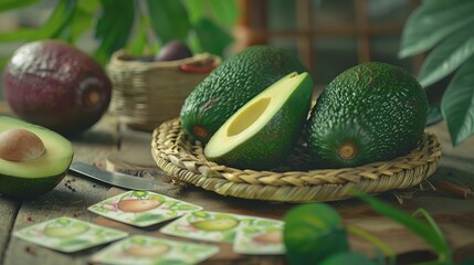 Fresh ripe avocados in a basket on a wooden table.