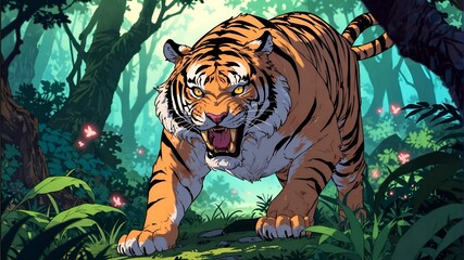 A fearsome tiger roaring in the jungle, protecting its territory.