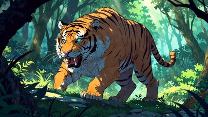 A monstrous tiger roaring in the jungle, protecting its territory.