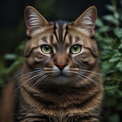 A cat with green eyes stares at the camera