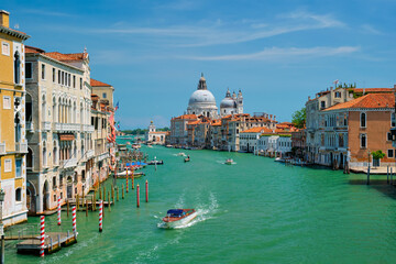 View of Venice Grand Canal and Santa Maria della Salute church on sunset - obrazy, fototapety, plakaty