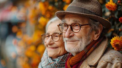 Elderly Couple Smiling Amidst Autumn Flowers - Powered by Adobe