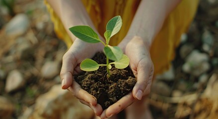 Hands holding green seedling growing in soil on blurred nature background. Earth day concept