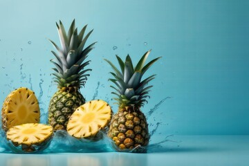 Fresh juicy pineapples in water splashes on blue background. Copy space, place for text. Raw fruits cut in water drops. Summer freshness, poster design. Flat lay, top view
