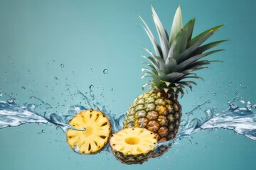 Fresh juicy pineapples in water splashes on blue background. Copy space, place for text. Raw fruits cut in water drops. Summer freshness, poster design. Flat lay, top view
