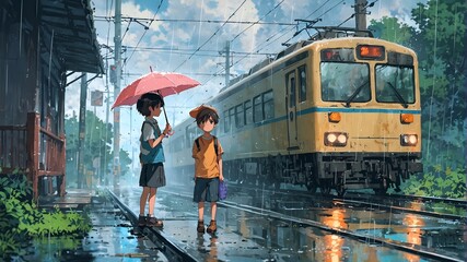 Kids with cute umbrellas waiting in the train station during the rain.