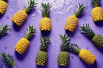 Fresh juicy pineapples in water splashes on purple background. Flat lay, top view. Copy space, place for text. Raw fruits cut in water drops. Summer freshness, poster design. 
