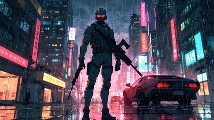 A full-armored stealth sniper holding a rifle in a cyberpunk city full of skyscrapers and neon lights.