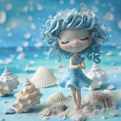 Cute Figurine in Blue Dress with Seashells Sea of Dreams