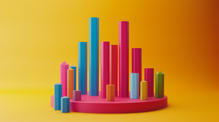 Vibrant 3D bar graphs displayed in various heights and colors on a sunny yellow background.