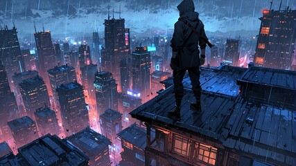 A modern ninja wearing hoodie standing on top of a building in a cyberpunk city full of skyscrapers and neon lights.