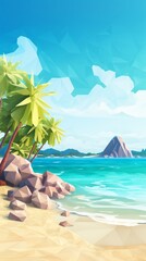 Obraz premium Tropical beach low poly style imitation wallpaper, with clear blue waters and sandy shores for a summer vibe, copy space