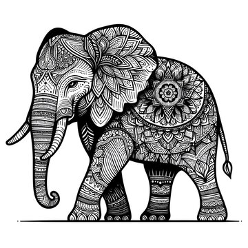 Discover intricate black and white mandala art featuring a majestic elephant in elegant line art