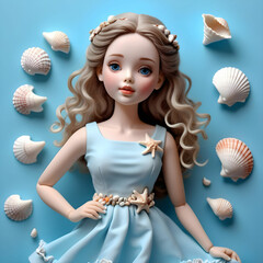 Cute Summer Doll in Blue Dress Sheashell Background