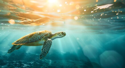 Obraz premium Majestic Sea Turtle Swimming in Vibrant Underwater Seascape with Sunlight Rays