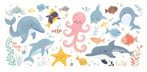 Whimsical Underwater World with Diverse Marine Creatures and Playful Aquatic Life