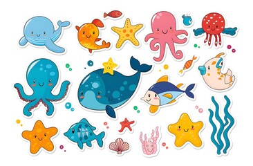 Colorful Assortment of Cute Underwater Sea Creatures and Marine Life