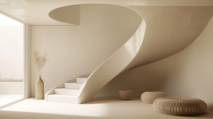 Elegant Minimalist Interior Design with Curved Staircase and Natural Decor