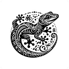 gecko reptile silhouette in bohemian, boho, nature illustration