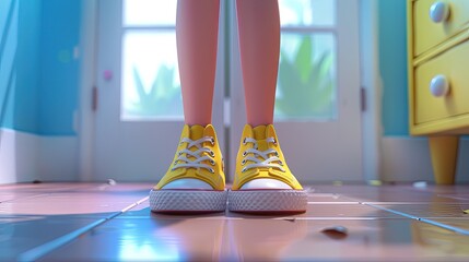 Detailed view of a 3D animated character wearing shoes, 