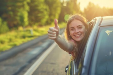 Woman inside her car gesticulate thumb up, A woman drives a car and shows a thumbs up - obrazy, fototapety, plakaty