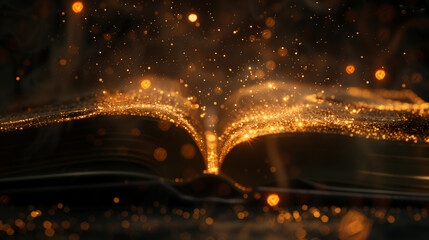 A book with gold dust on the pages. The dust is falling out of the book and creating a beautiful, sparkling effect. The book is open to a page with a gold-colored text
