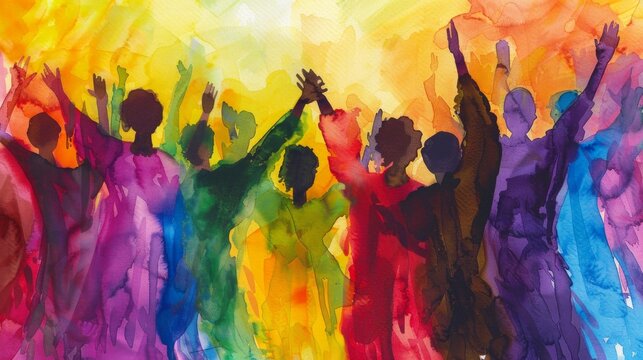 Watercolor concept, Juneteenth gospel choir performance, singers in robes with vibrant colors, church or community center setting, spiritual and uplifting, audience participation