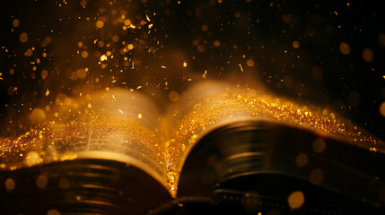 A book with gold dust on the pages. The dust is falling out of the book and creating a beautiful, sparkling effect. The book is open to a page with a gold-colored text