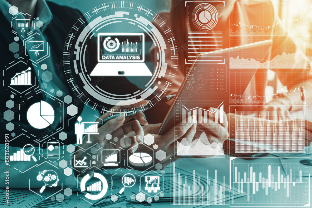 Poster data analysis for business and finance concept. interface showing future computer technology of prof