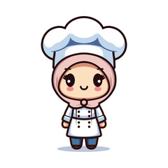 cute chef girl hijab cartoon character vector illustration template design. flat cartoon style