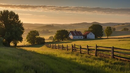 Golden Countryside Tranquil Sunset Over Rural Landscape