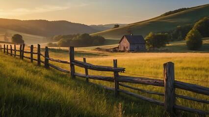 Golden Countryside Tranquil Sunset Over Rural Landscape