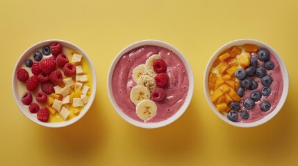 Three bowls of fruit smoothies with bananas, raspberries, and blueberries