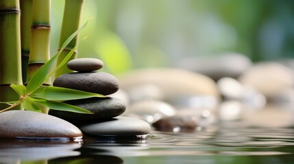 Zen and balance, Stones stacked with water and bamboo background, Serene and meditative, Side copy space for peaceful messages, spa salon advertising