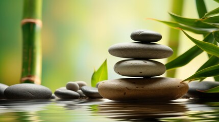 Zen and balance, Stones stacked with water and bamboo background, Serene and meditative, Side copy space for peaceful messages, blurred background, spa salon advertising